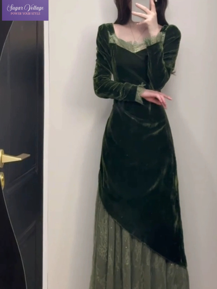 French Vintage Floral Midi Dress - French Vintage Elegant Velvet Dress Women