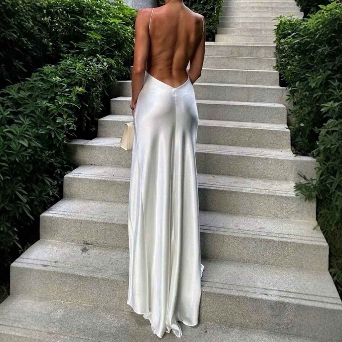 White Satin Maxi Evening Dress - Elegant Satin Evening Gown Split recension och pris