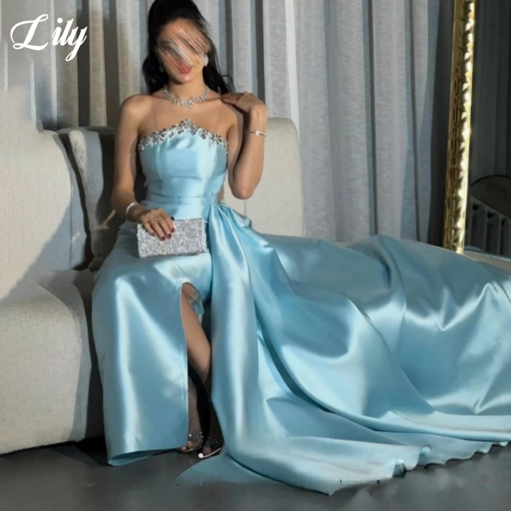 Lily Blue Elegant Formal Gown  - Elegant Satin Evening Gown Split recension och pris