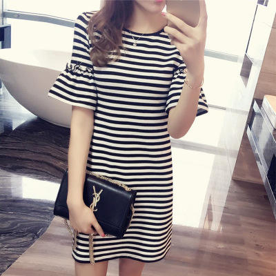 Summer Striped Dress Women's M - Korean Style A Line Shirt Dress recension och pris