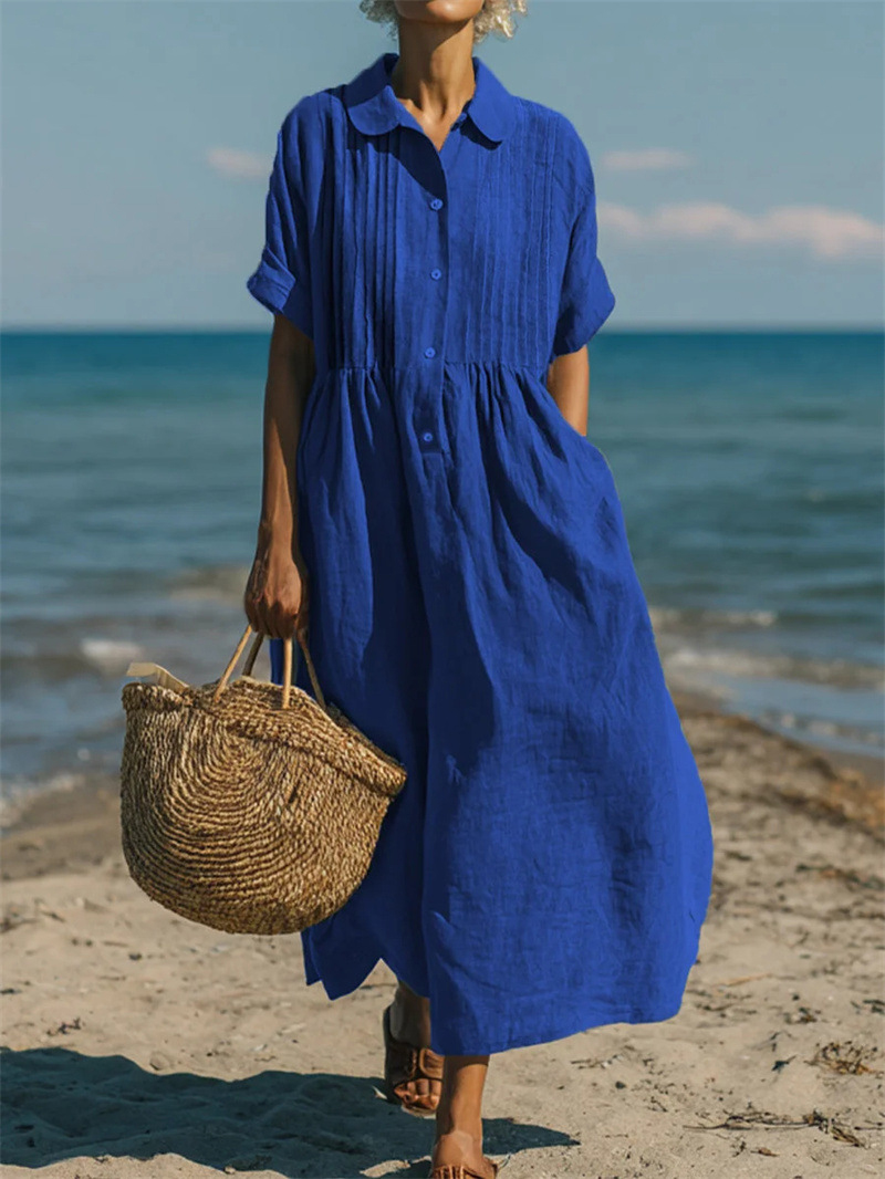 Women Lapel Collar Button Down - Casual Loose Linen Shirt Dress recension och pris