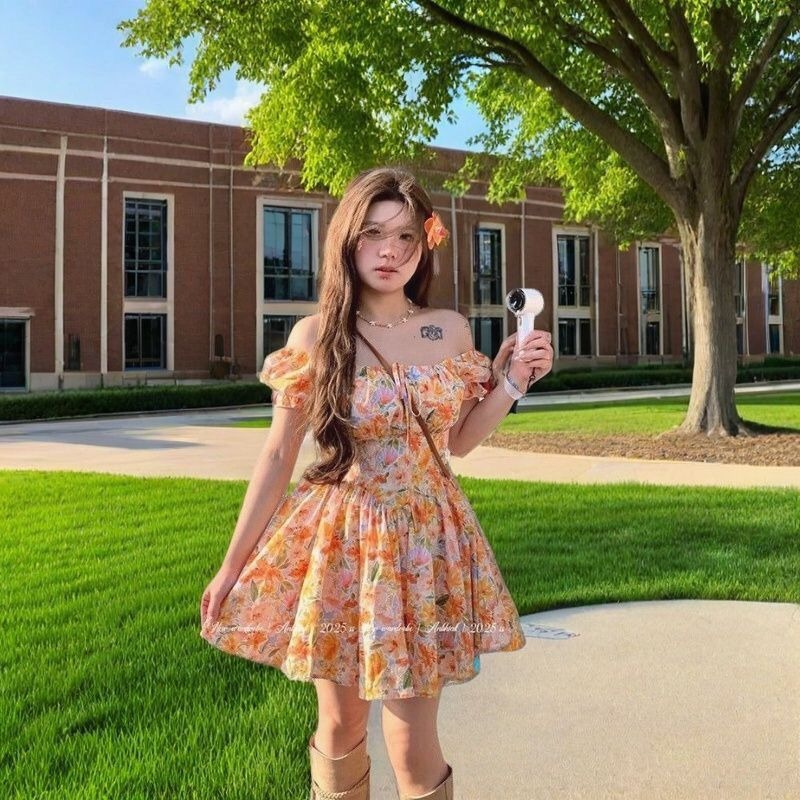 Womens Orange Floral Print Off - Off Shoulder Puff Sleeve Sundress recension och pris