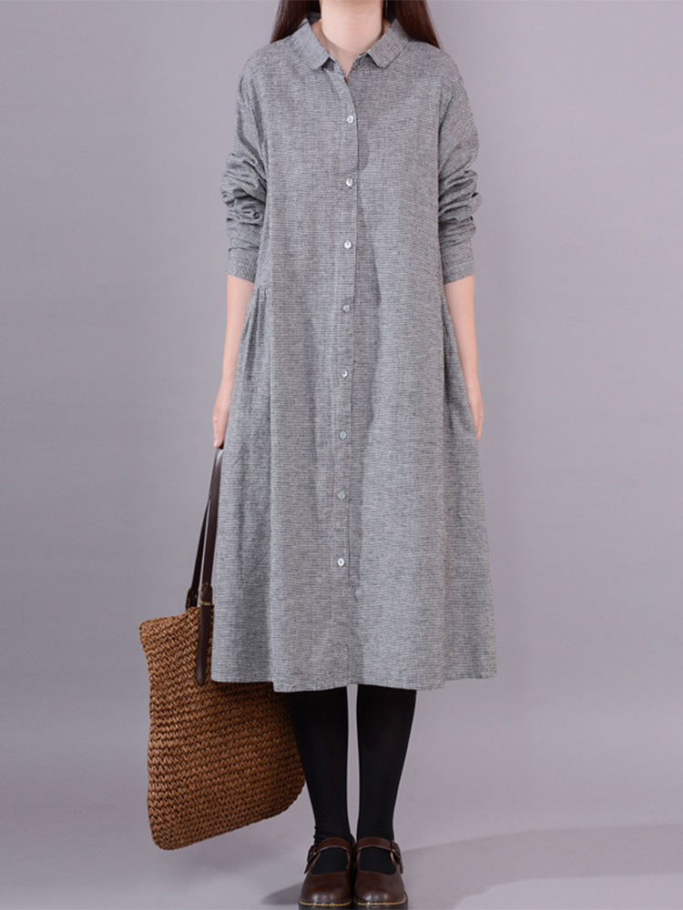 Women's Long Sleeve Cotton Lin - Korean Style A Line Shirt Dress recension och pris