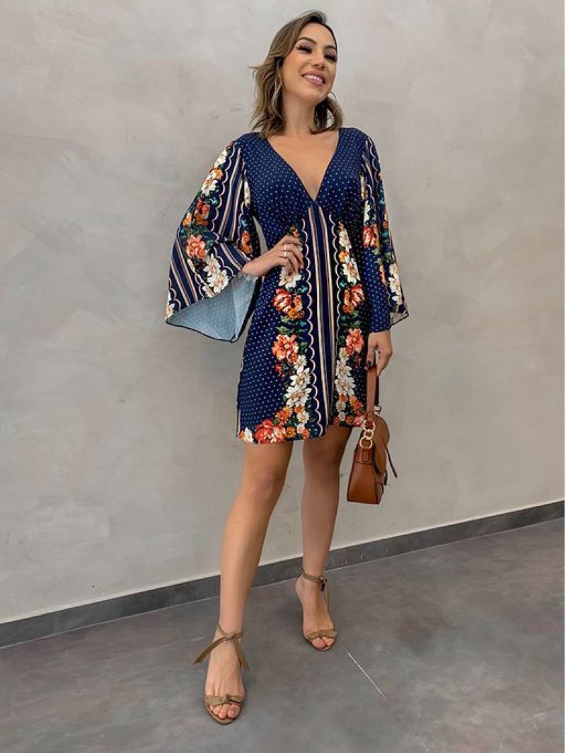 Women's Deep V Neck Long Sleev - French Vintage Floral Midi Dress recension och pris