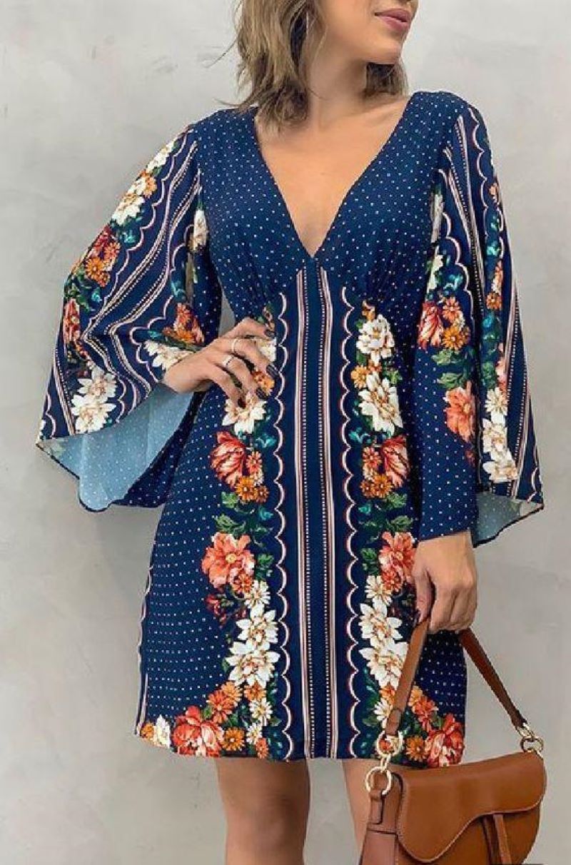 Women's Deep V Neck Long Sleev - French Vintage Floral Midi Dress recension och pris