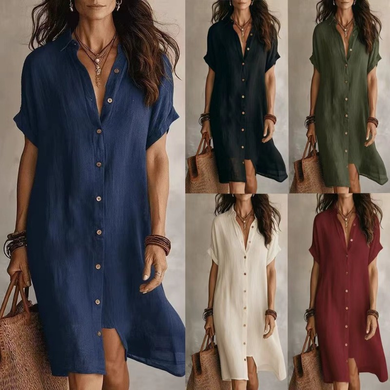Single-breasted Solid Color Sh - Casual Loose Linen Shirt Dress recension och pris