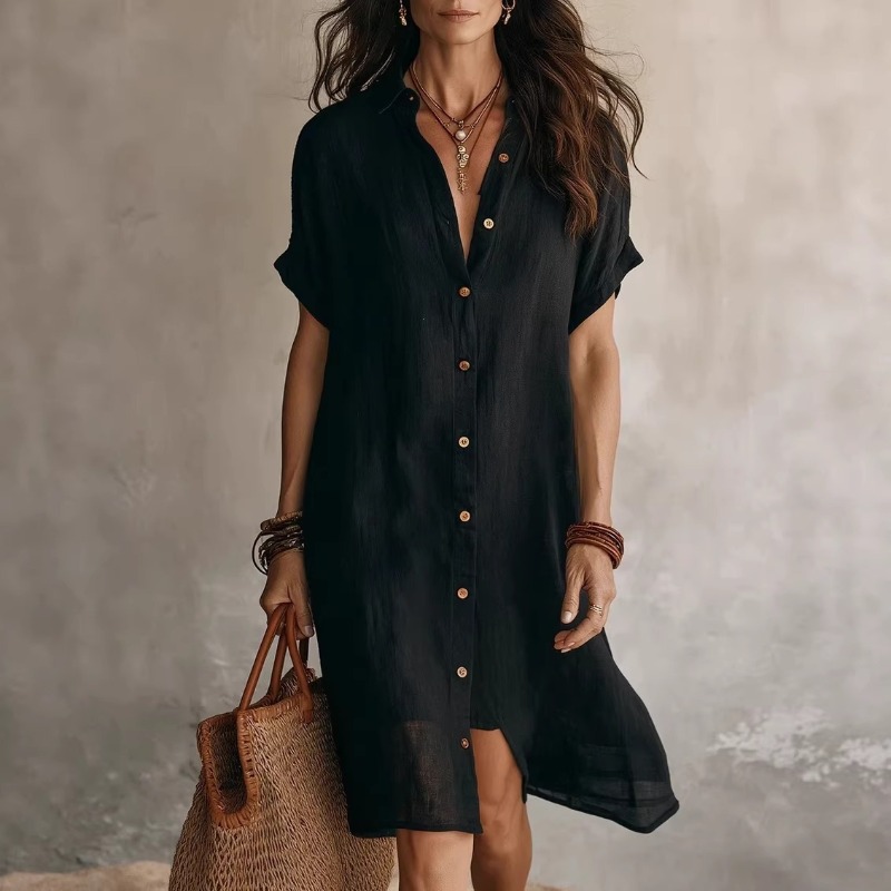 Single-breasted Solid Color Sh - Casual Loose Linen Shirt Dress recension och pris