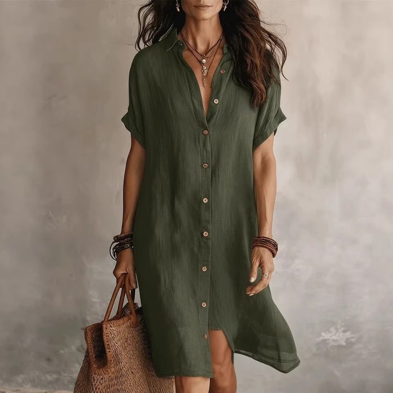 Single-breasted Solid Color Sh - Casual Loose Linen Shirt Dress recension och pris