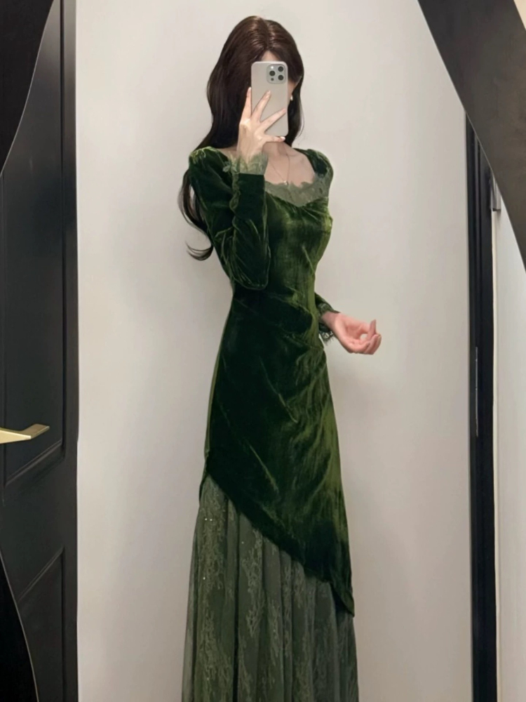 French Vintage Elegant Velvet  - French Vintage Floral Midi Dress recension och pris