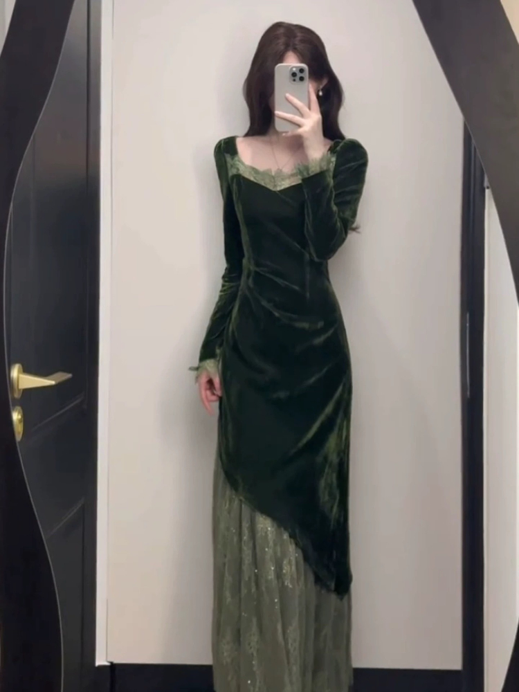 French Vintage Elegant Velvet  - French Vintage Floral Midi Dress recension och pris